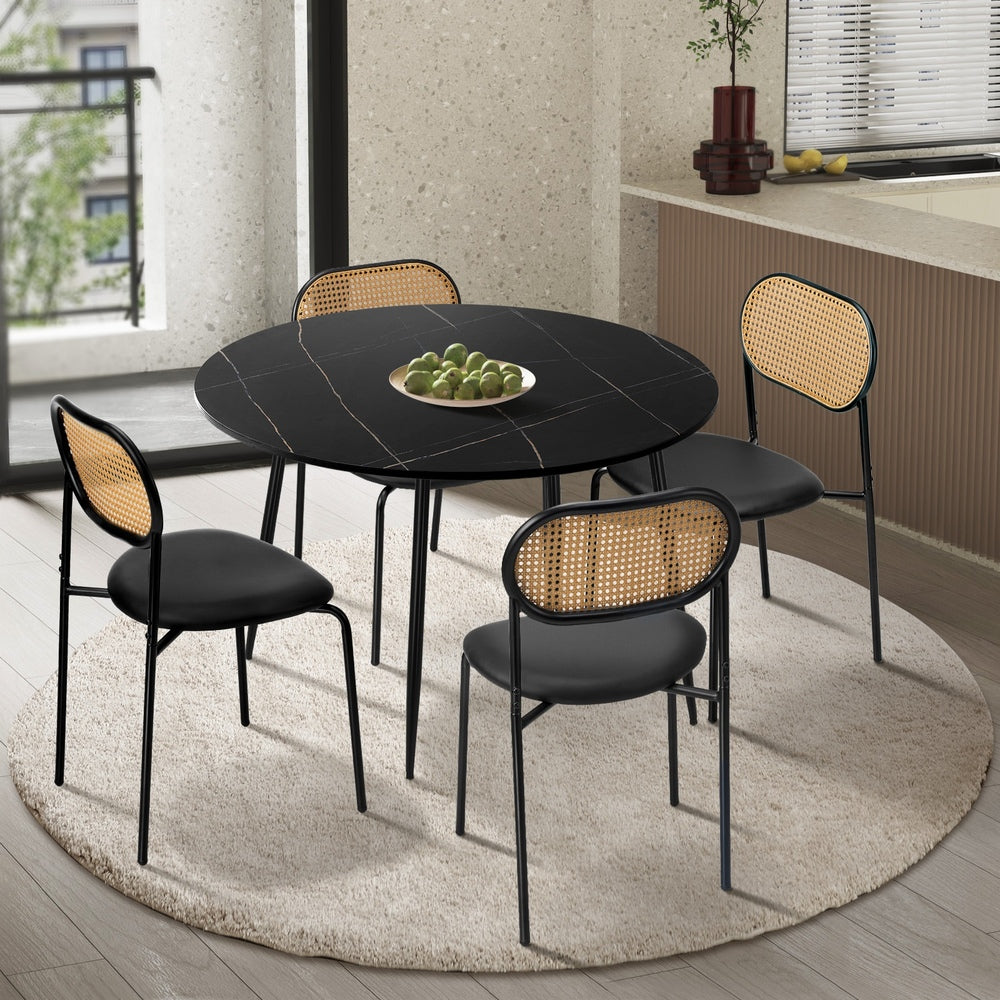 Oikiture 110cm Round Dining Table with 4PCS Dining Chairs PU Leather Black