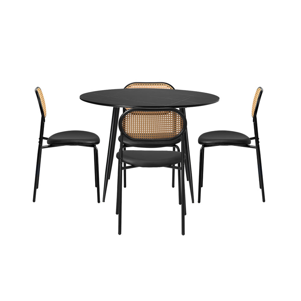 Oikiture 110cm Round Dining Table with 4PCS Dining Chairs PU Leather Black