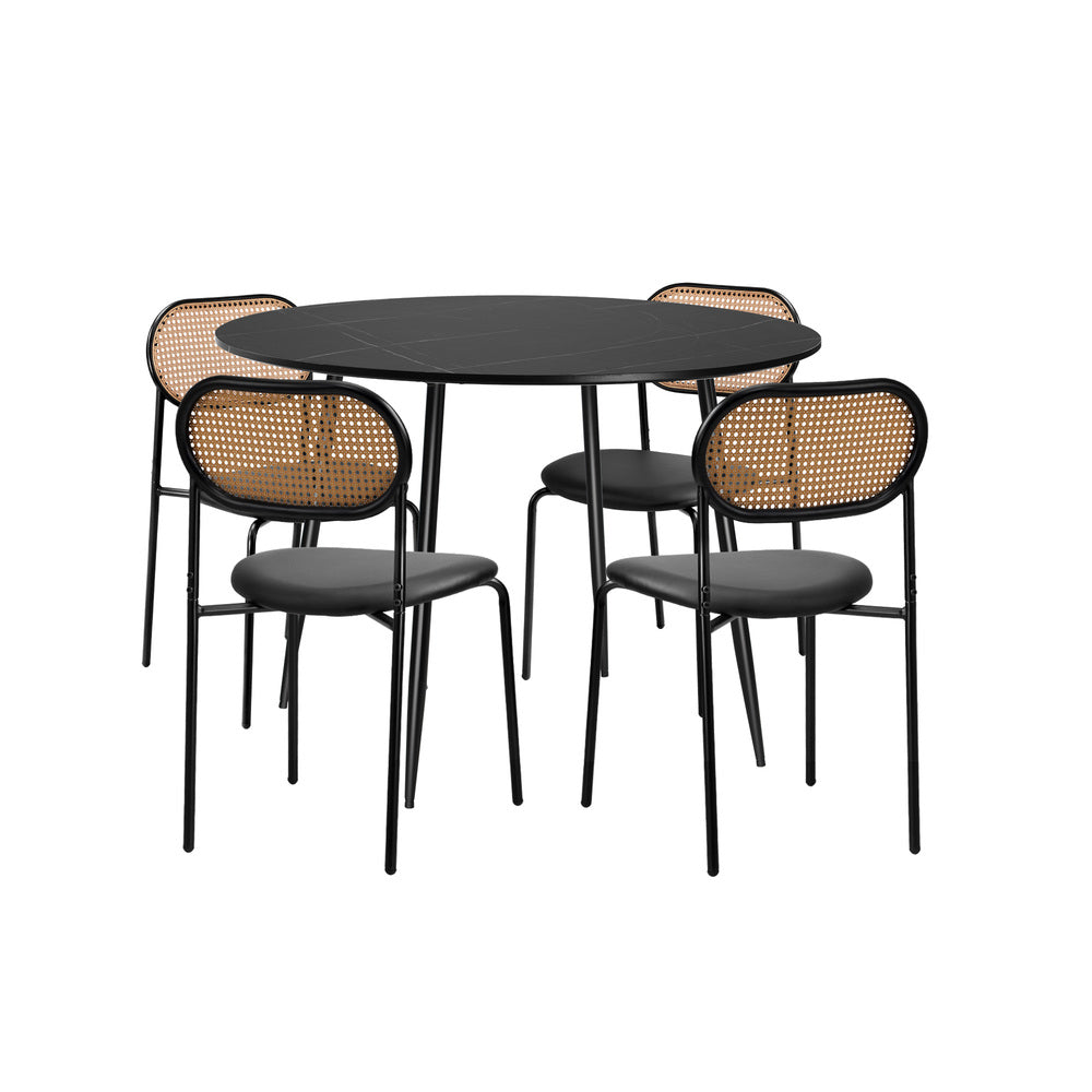 Oikiture 110cm Round Dining Table with 4PCS Dining Chairs PU Leather Black