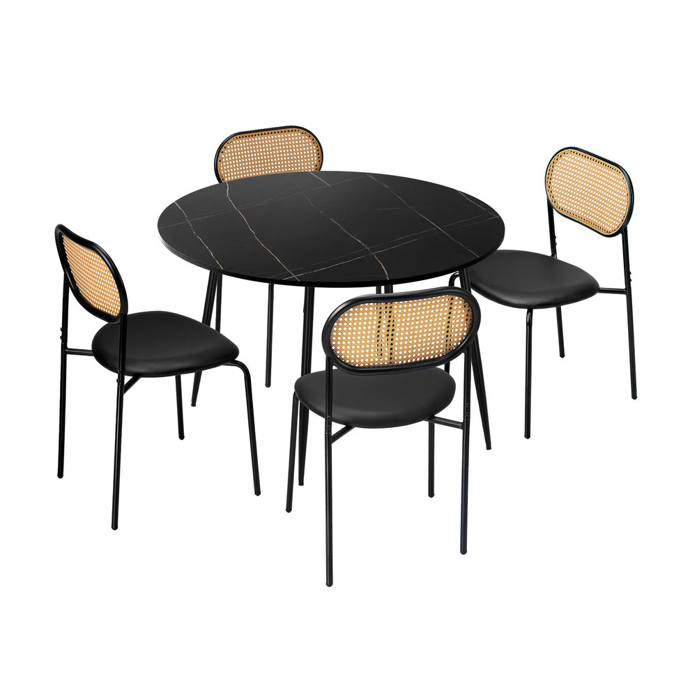 Oikiture 110cm Round Dining Table with 4PCS Dining Chairs PU Leather Black