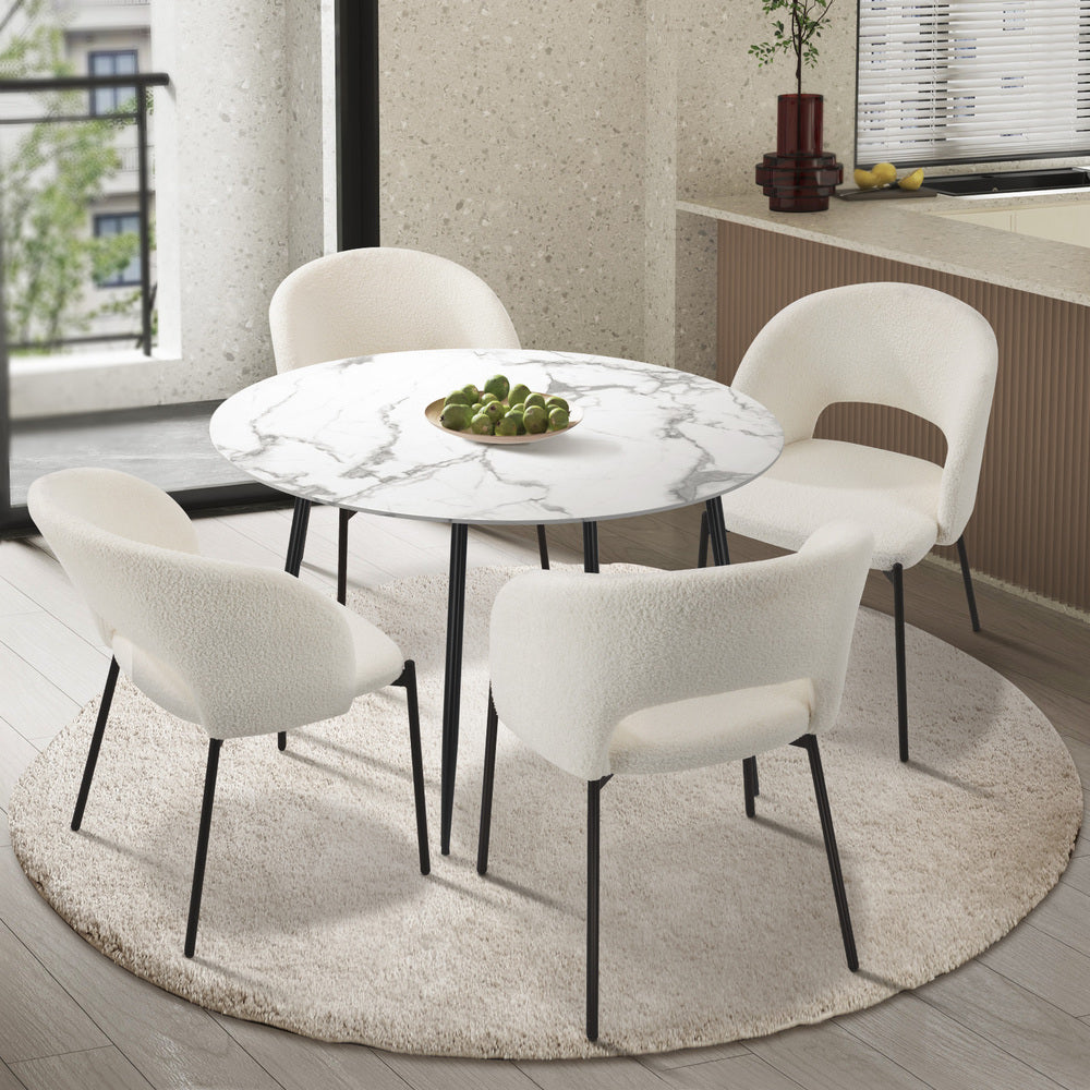 Oikiture 110cm Round Dining Table with 4PCS Chairs Sherpa White