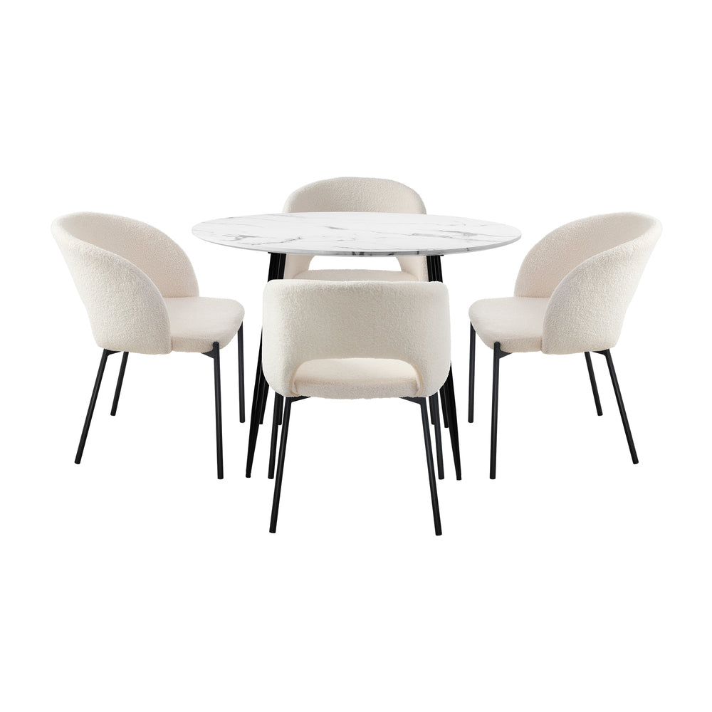 Oikiture 110cm Round Dining Table with 4PCS Chairs Sherpa White