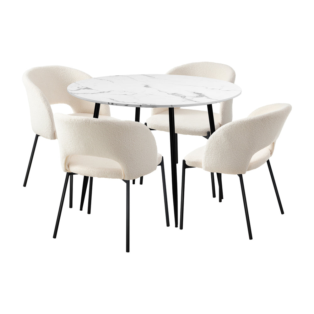 Oikiture 110cm Round Dining Table with 4PCS Chairs Sherpa White