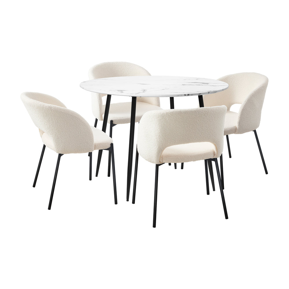 Oikiture 110cm Round Dining Table with 4PCS Chairs Sherpa White