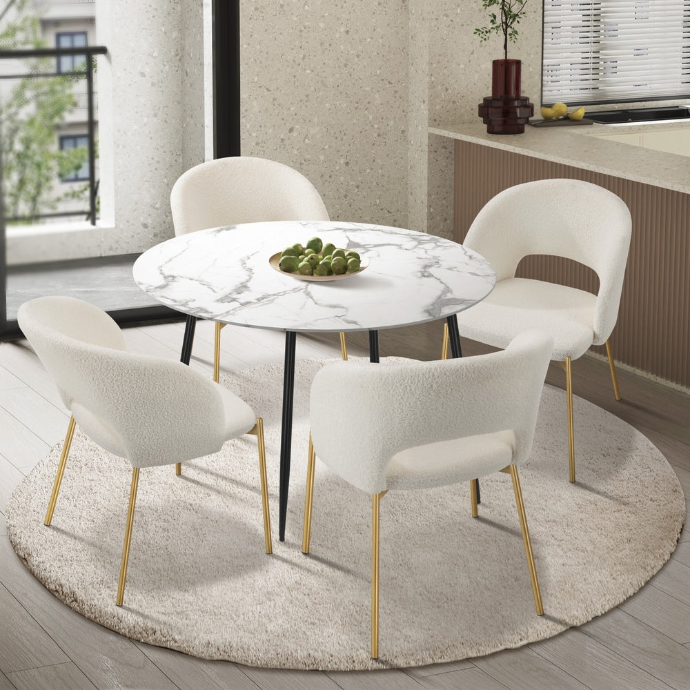 Oikiture 110cm Round Dining Table with 4PCS Dining Chairs Sherpa Gold