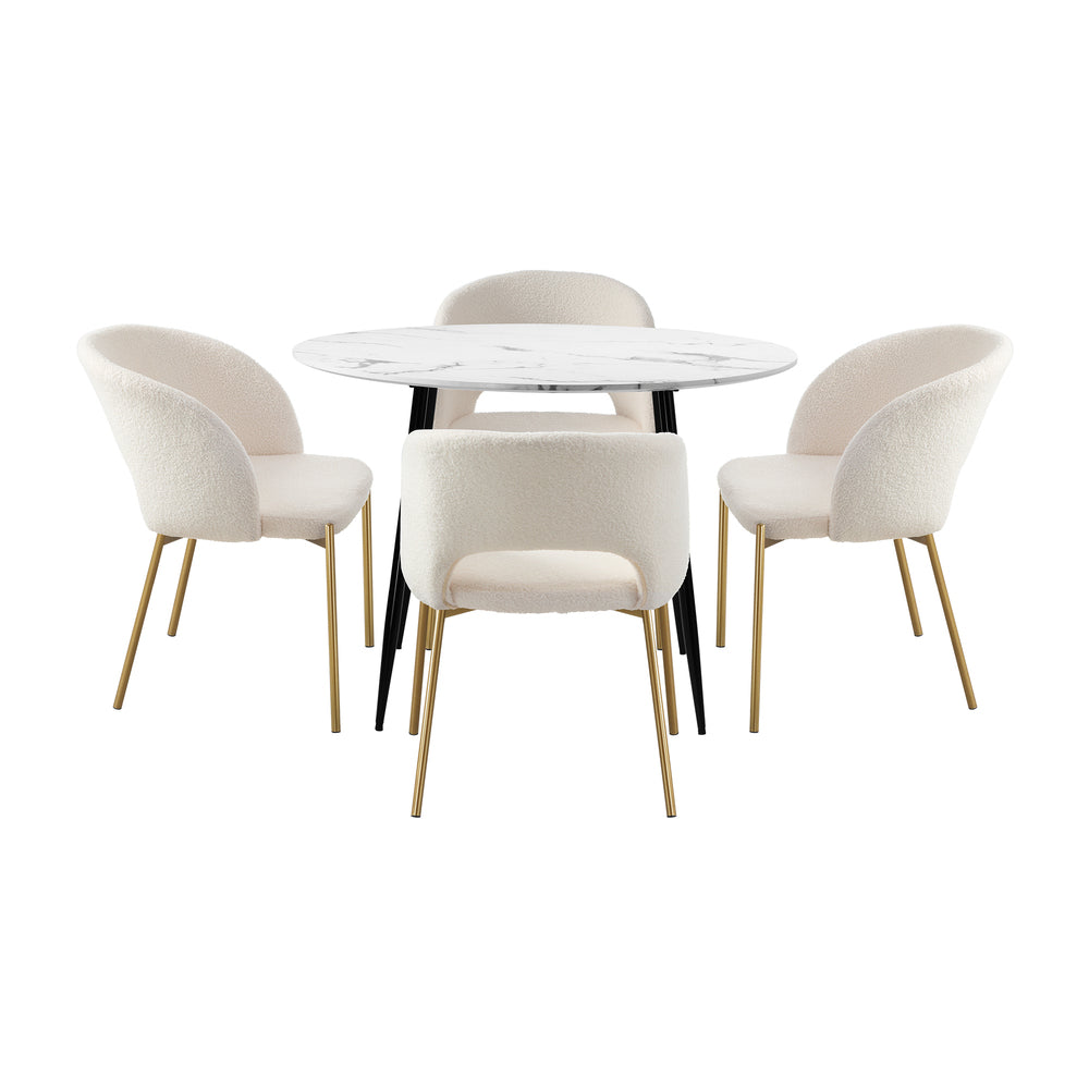 Oikiture 110cm Round Dining Table with 4PCS Dining Chairs Sherpa Gold