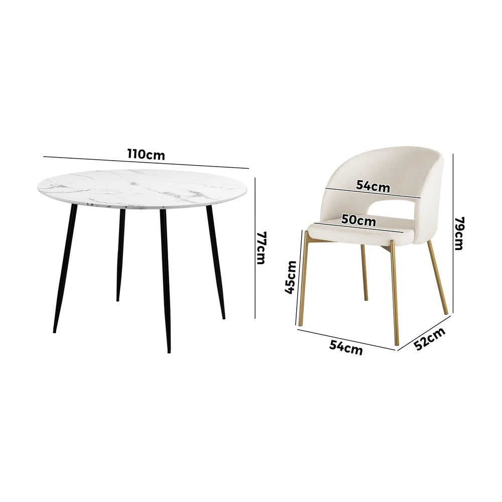 Oikiture 110cm Round Dining Table with 4PCS Dining Chairs Sherpa Gold