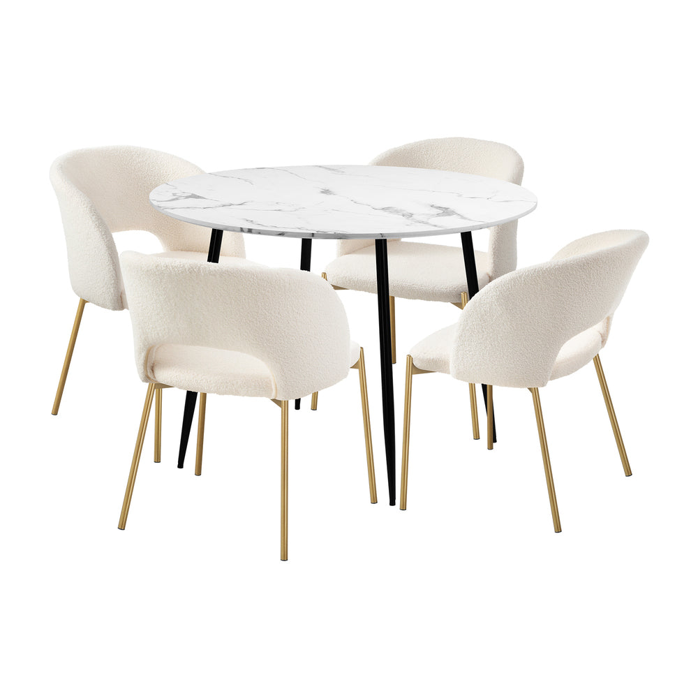Oikiture 110cm Round Dining Table with 4PCS Dining Chairs Sherpa Gold