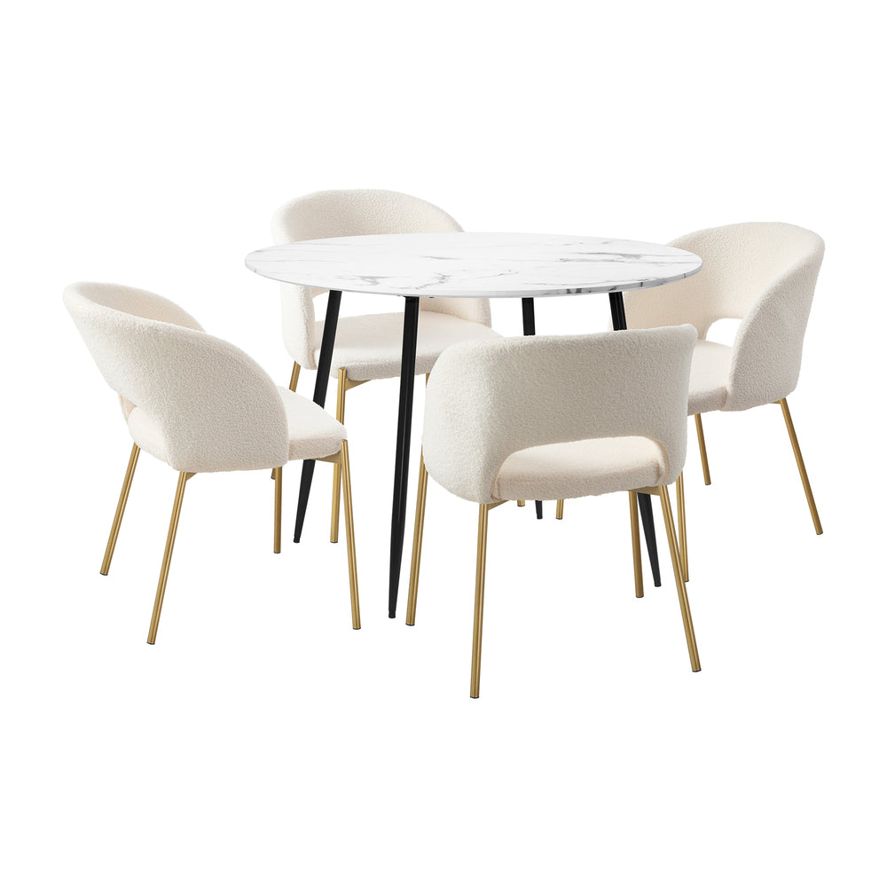 Oikiture 110cm Round Dining Table with 4PCS Dining Chairs Sherpa Gold