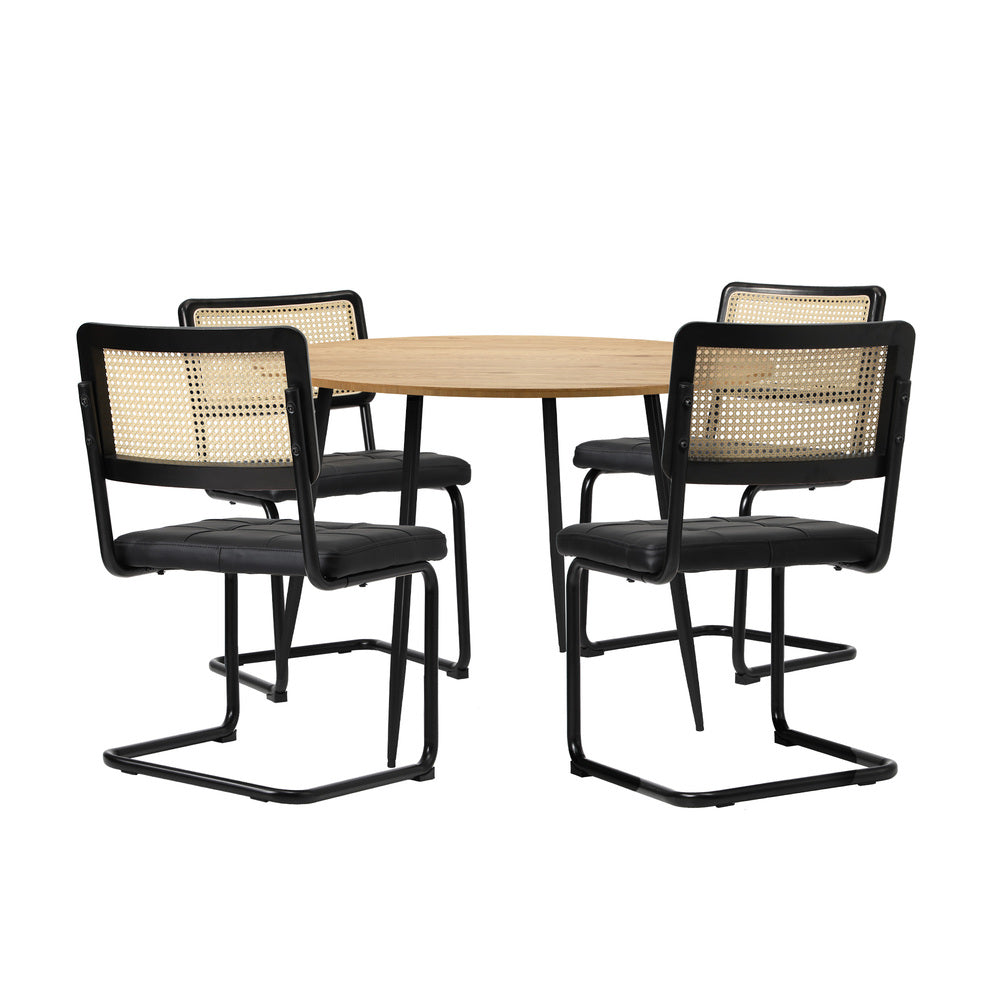 Oikiture 110cm Round Dining Table with 4PCS Dining Chairs Leather Black