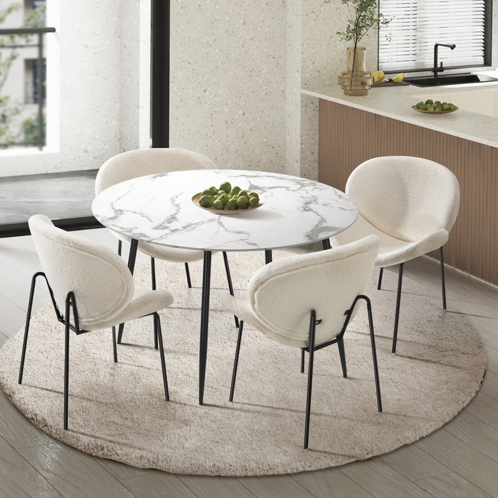 Oikiture 110cm Round Dining Table with 4PCS Chairs White Sherpa