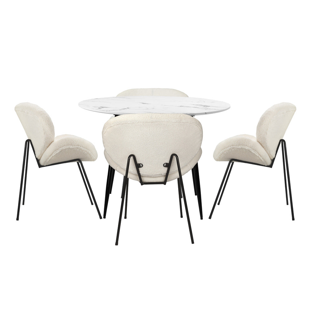 Oikiture 110cm Round Dining Table with 4PCS Chairs White Sherpa