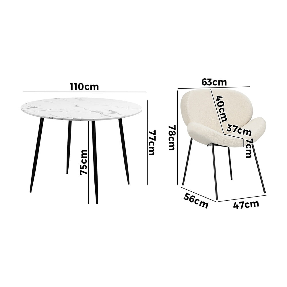 Oikiture 110cm Round Dining Table with 4PCS Chairs White Sherpa