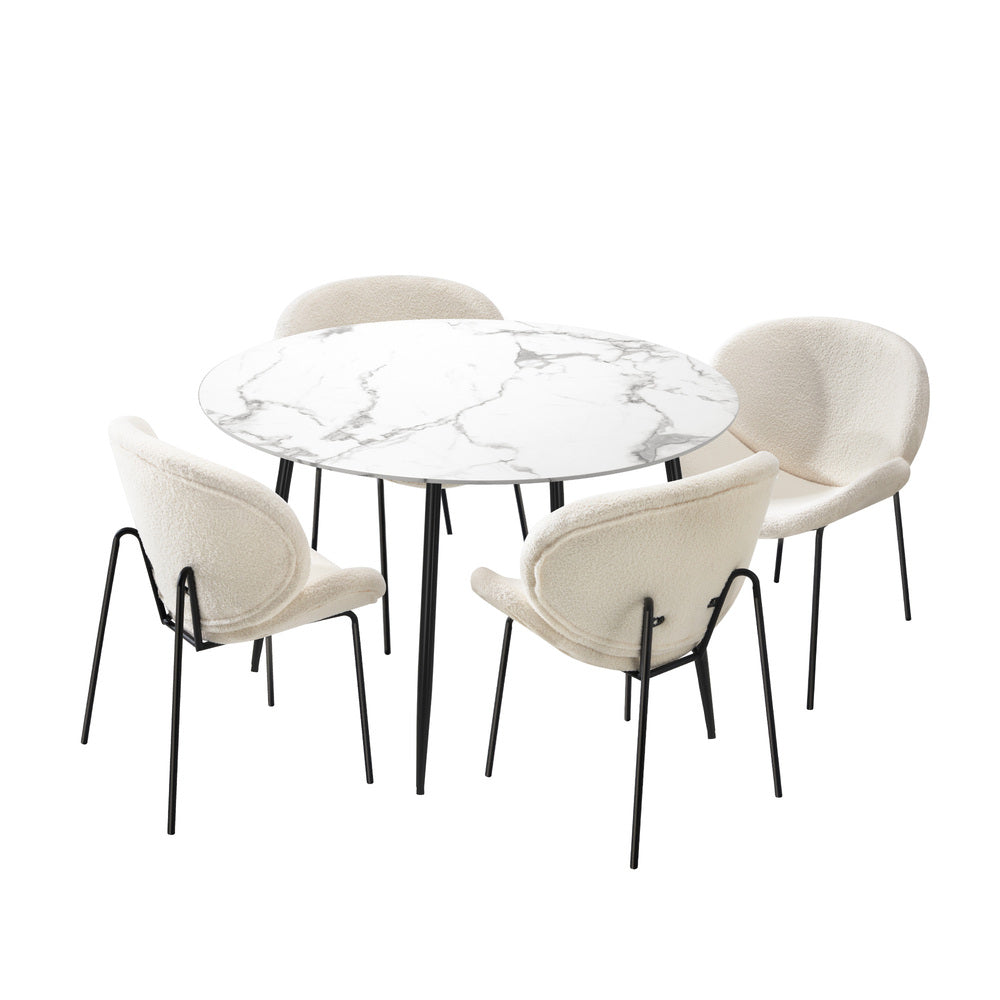Oikiture 110cm Round Dining Table with 4PCS Chairs White Sherpa