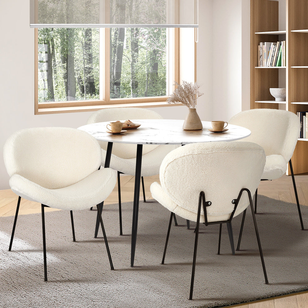 Oikiture 110cm Round Dining Table with 4PCS Chairs White Sherpa