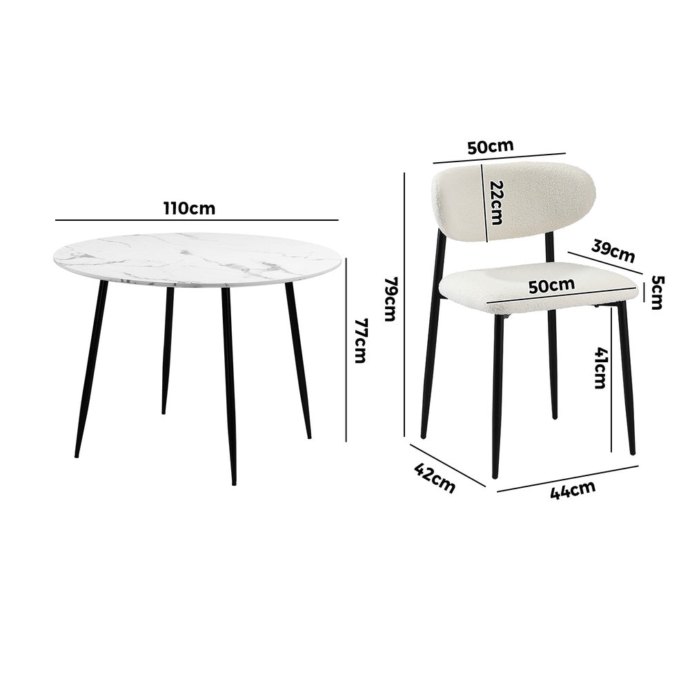 Oikiture 110cm Round Dining Table with 4x Dining Chairs Boucle Black&White