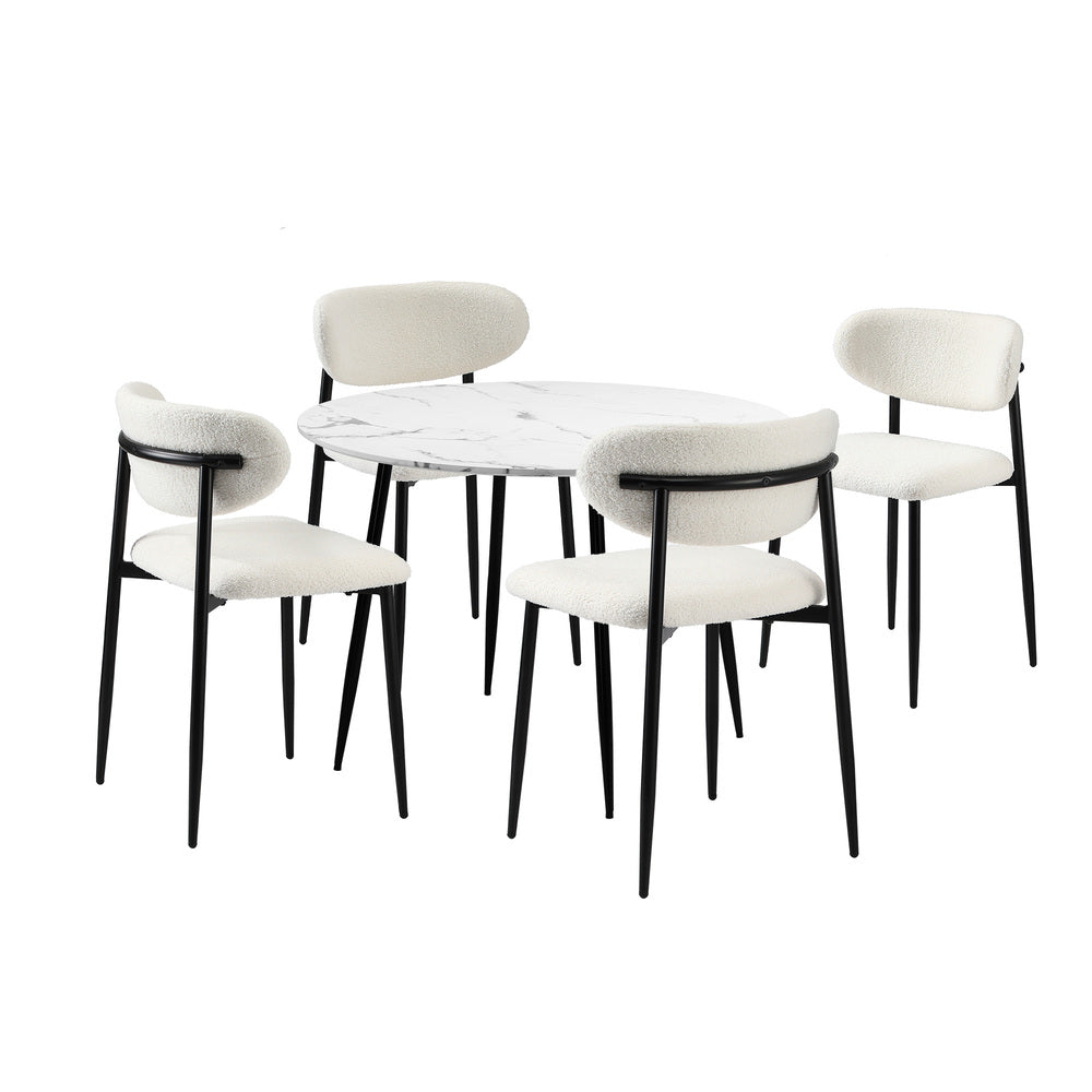 Oikiture 110cm Round Dining Table with 4x Dining Chairs Boucle Black&White