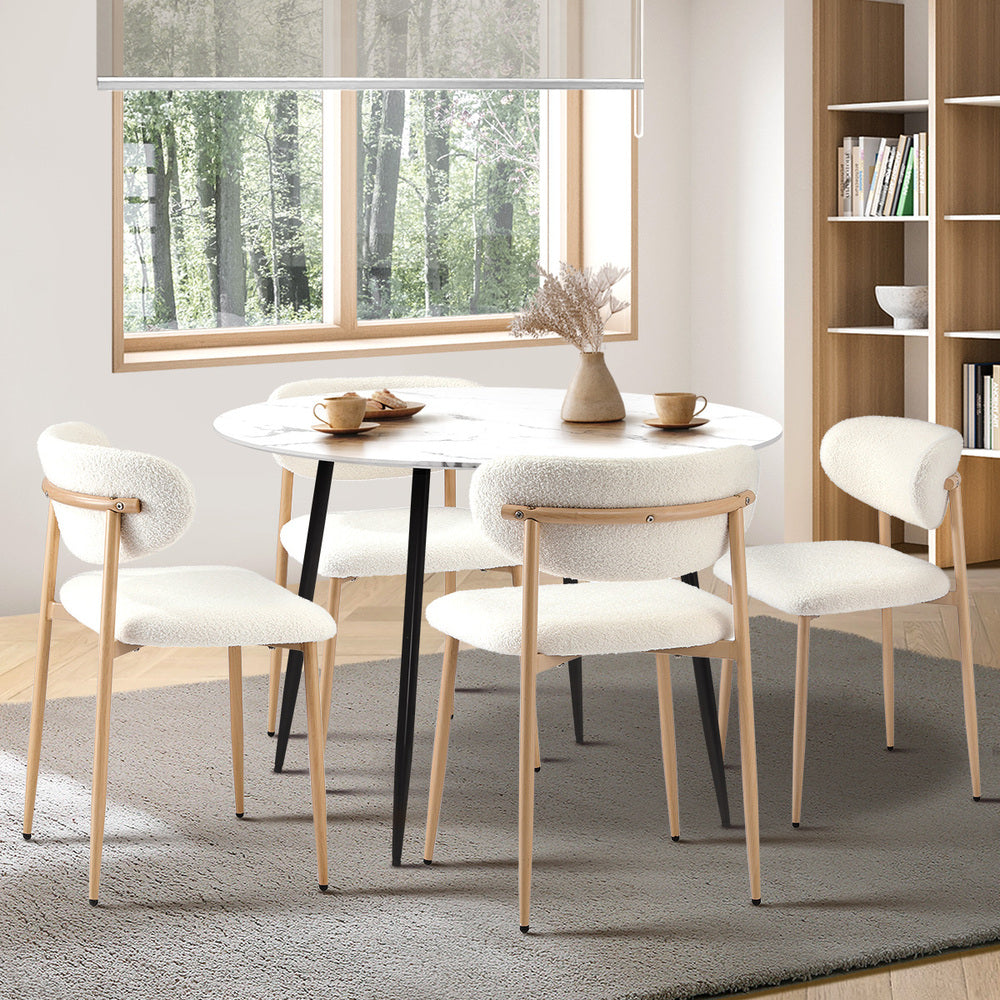 Oikiture 110cm Round Dining Table with 4x Dining Chairs Boucle White