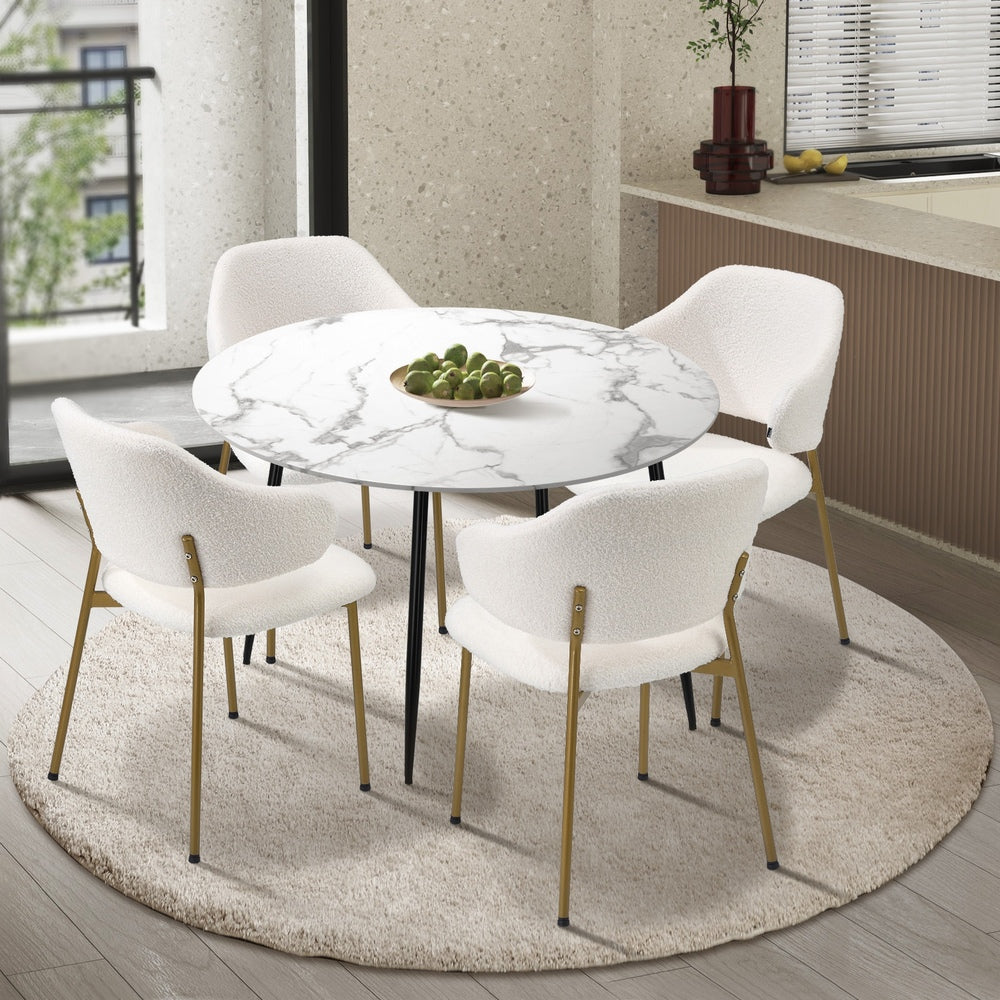 Oikiture 110cm Round Dining Table with 4PCS Chairs Sherpa Gold