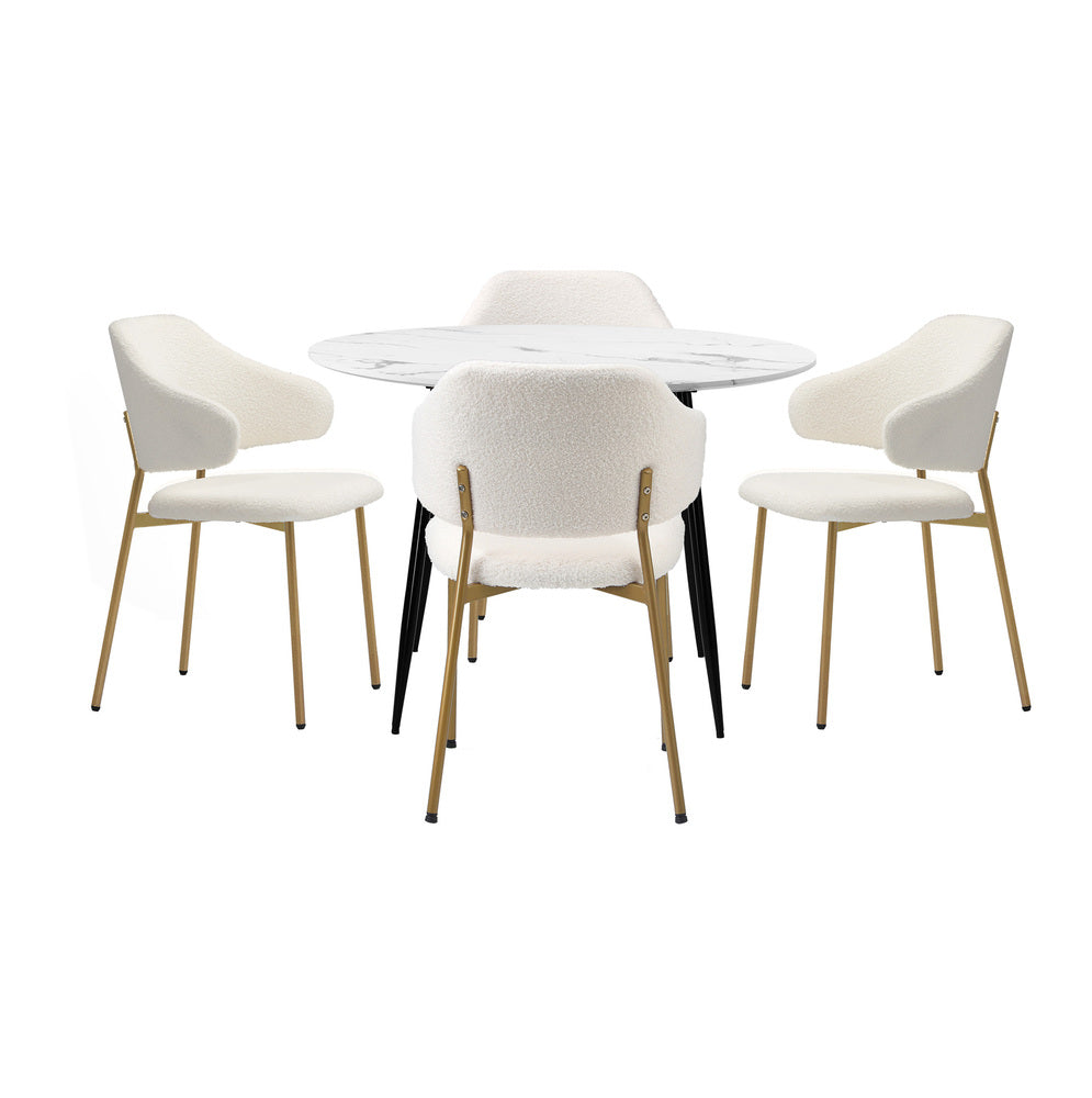 Oikiture 110cm Round Dining Table with 4PCS Chairs Sherpa Gold