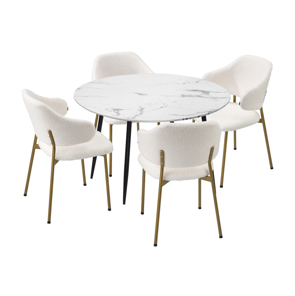 Oikiture 110cm Round Dining Table with 4PCS Chairs Sherpa Gold