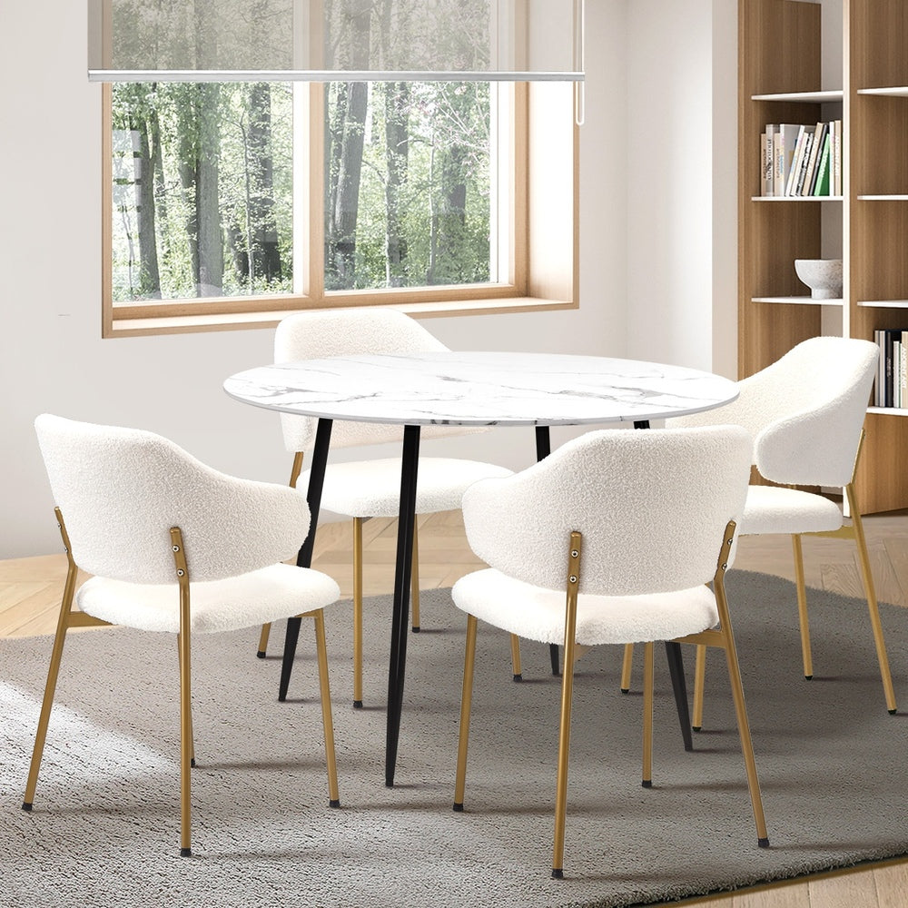 Oikiture 110cm Round Dining Table with 4PCS Chairs Sherpa Gold