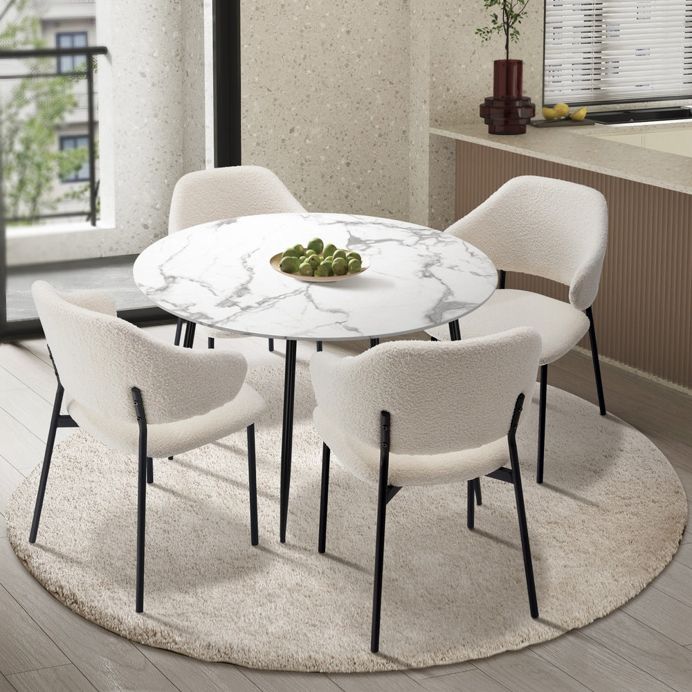 Oikiture Round Dining Table with 4PCS Chairs Sherpa White