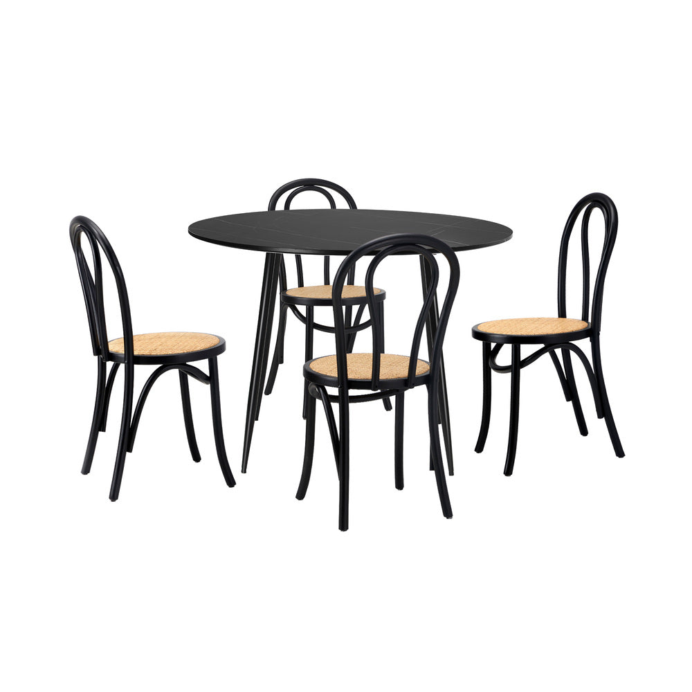 Oikiture 110cm Round Dining Table with 4PCS Dining Chairs Solid Wooden Black