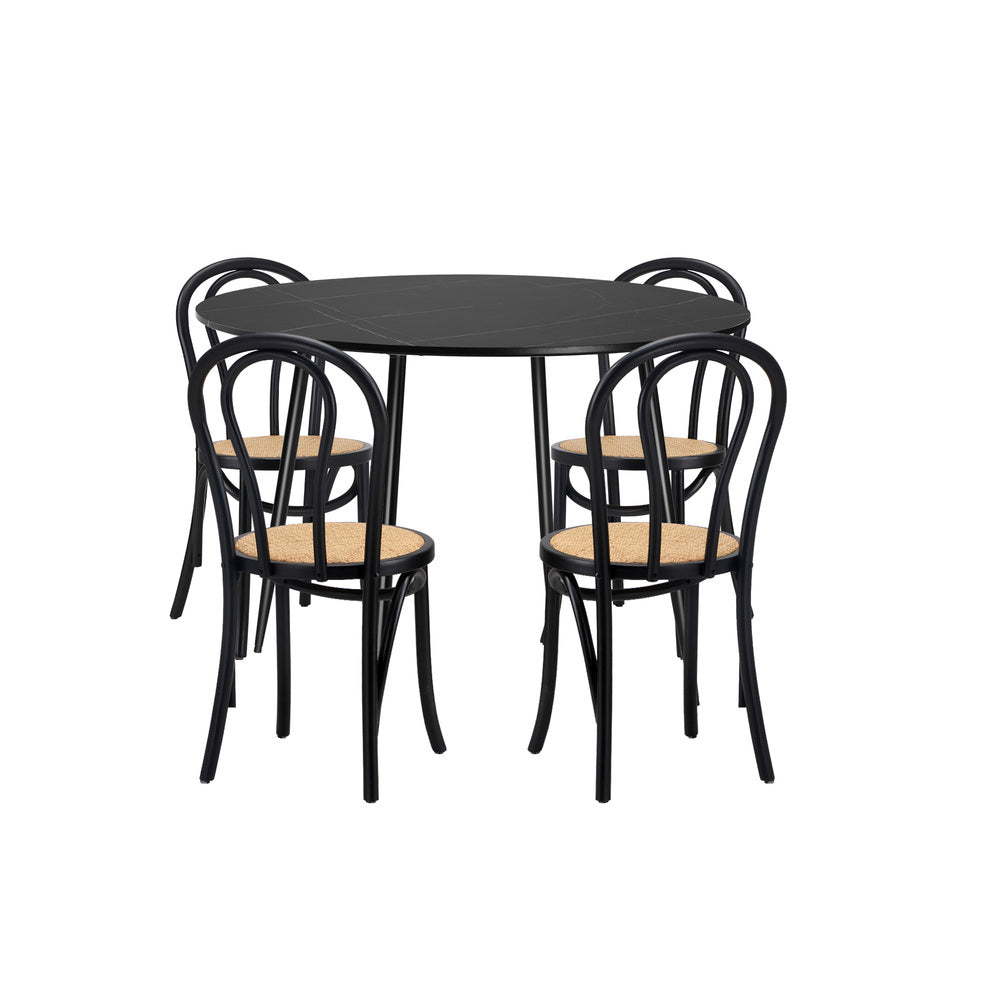 Oikiture 110cm Round Dining Table with 4PCS Dining Chairs Solid Wooden Black