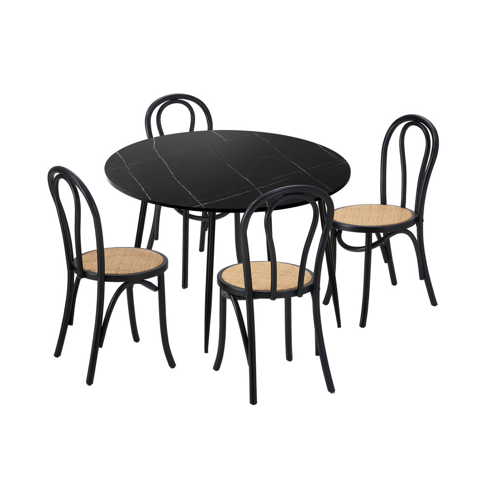 Oikiture 110cm Round Dining Table with 4PCS Dining Chairs Solid Wooden Black