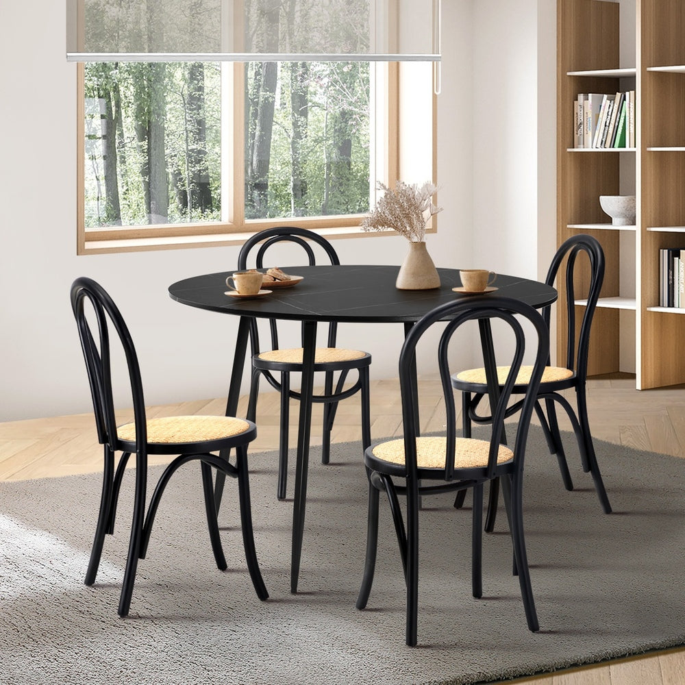 Oikiture 110cm Round Dining Table with 4PCS Dining Chairs Solid Wooden Black