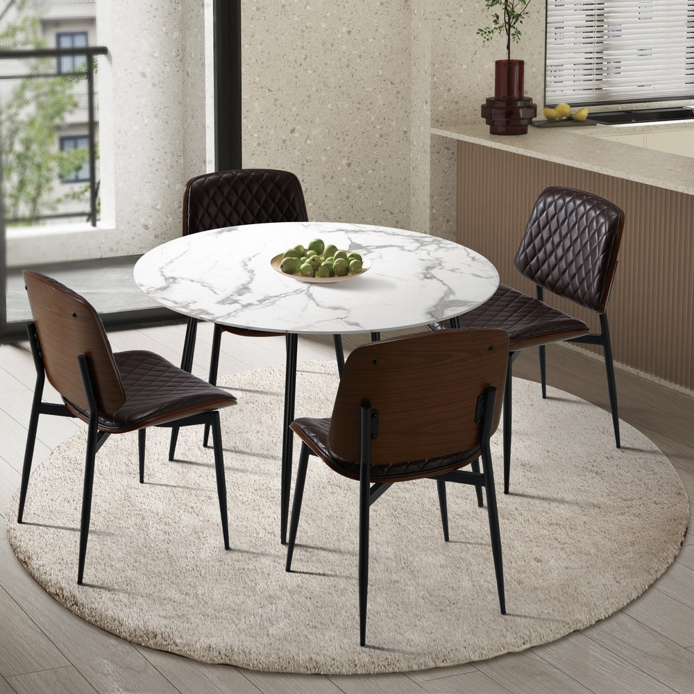 Oikiture Round Dining Table & 4PCS Dining Chairs PU Walnut