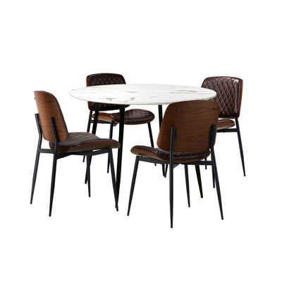 Oikiture Round Dining Table & 4PCS Dining Chairs PU Walnut