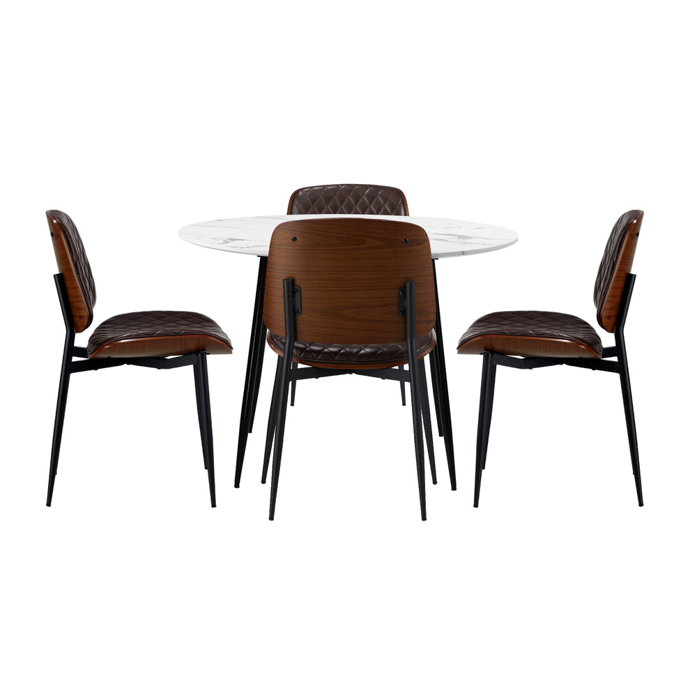 Oikiture Round Dining Table & 4PCS Dining Chairs PU Walnut