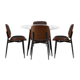 Oikiture Round Dining Table & 4PCS Dining Chairs PU Walnut - Rear View