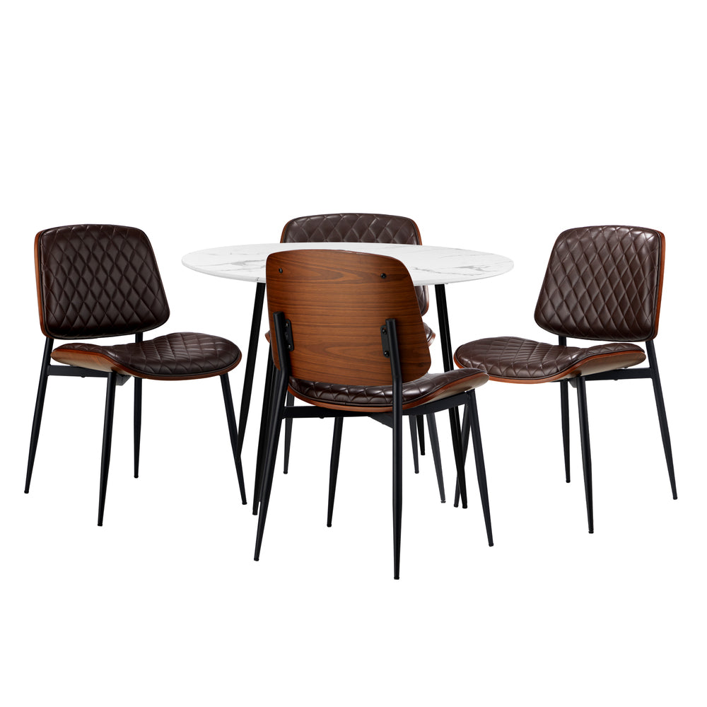 Oikiture Round Dining Table & 4PCS Dining Chairs PU Walnut