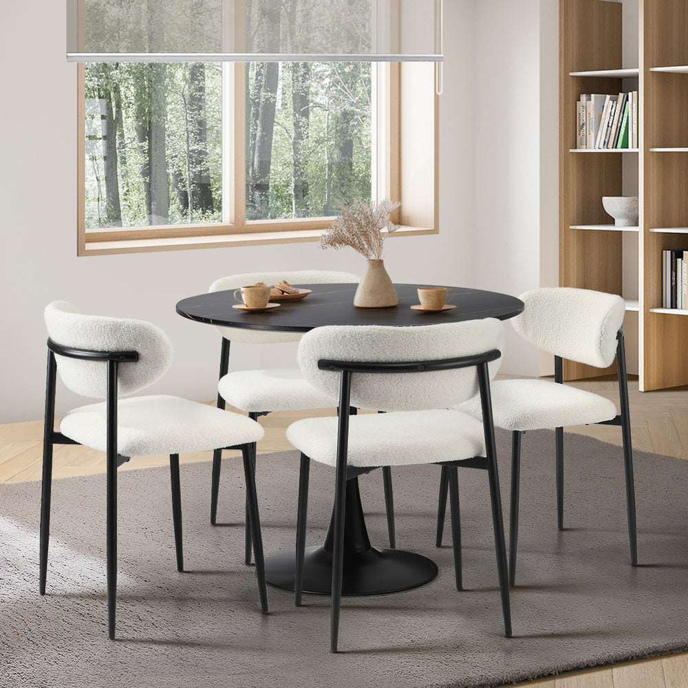 Oikiture 90cm Round Dining Table with 4x Dining Chairs Boucle Black&White