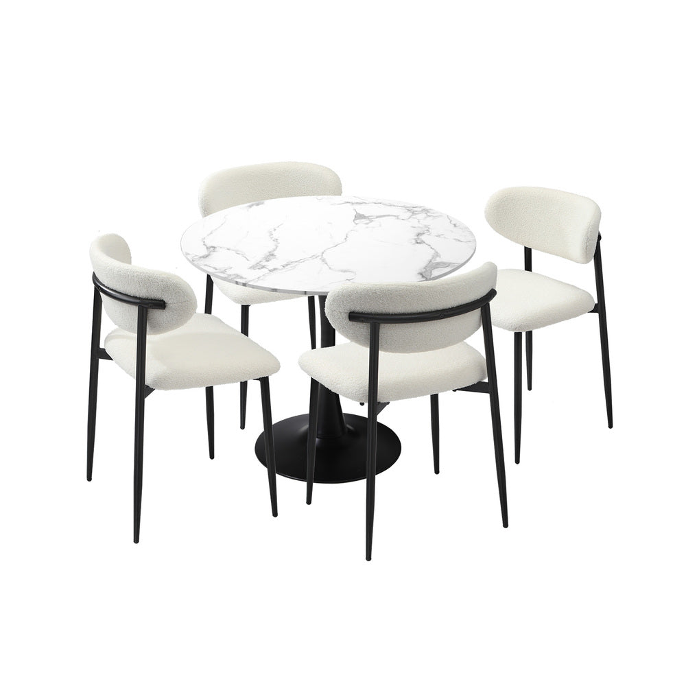 Oikiture 90cm Round Dining Table with 4x Dining Chairs Boucle White