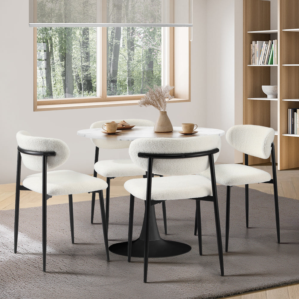 Oikiture 90cm Round Dining Table with 4x Dining Chairs Boucle White