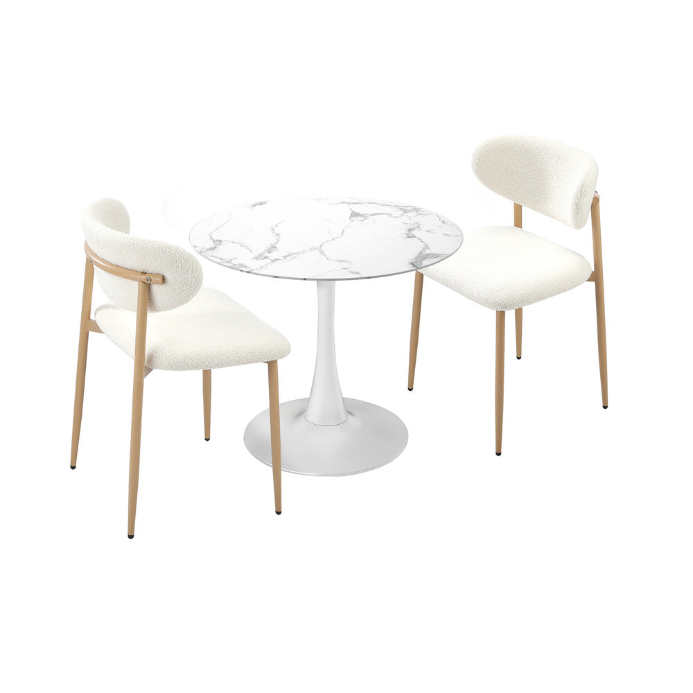 Oikiture 60cm Round Dining Table with 2x Dining Chairs Boucle White