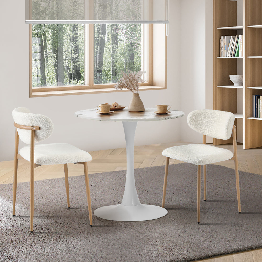 Oikiture 60cm Round Dining Table with 2x Dining Chairs Boucle White