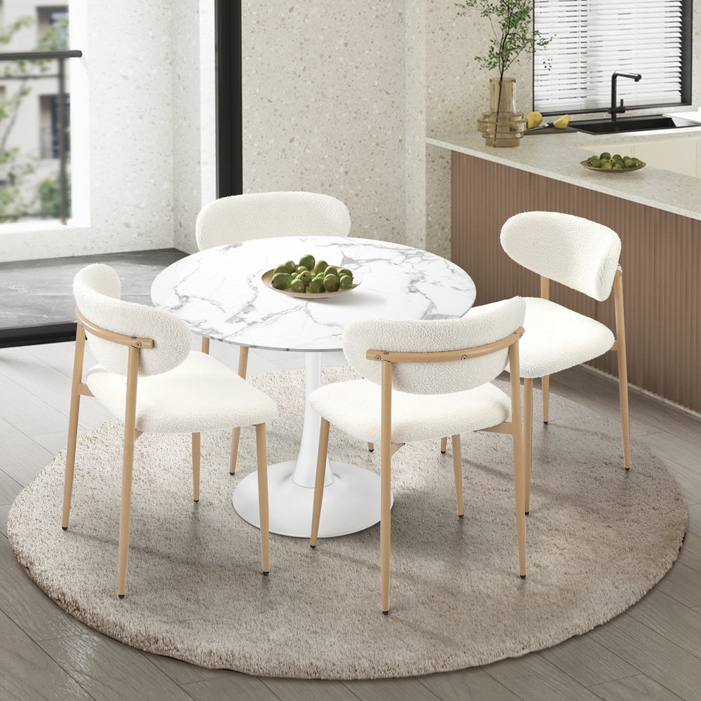 Oikiture 90cm Round Dining Table with 4x Dining Chairs Boucle White&Gold