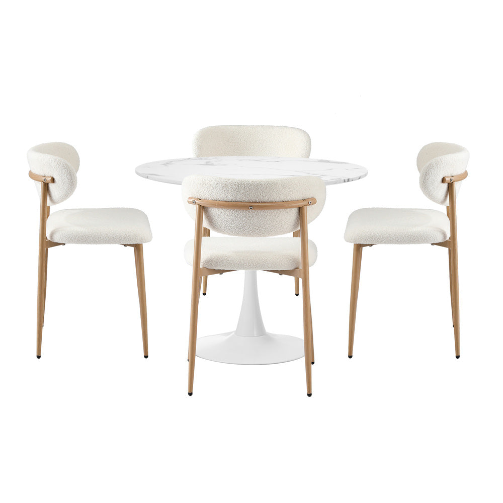 Oikiture 90cm Round Dining Table with 4x Dining Chairs Boucle White&Gold