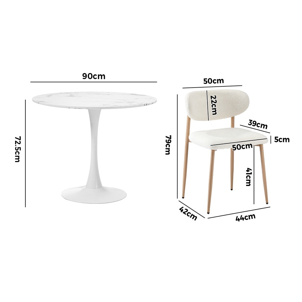 Oikiture 90cm Round Dining Table with 4x Dining Chairs Boucle White&Gold
