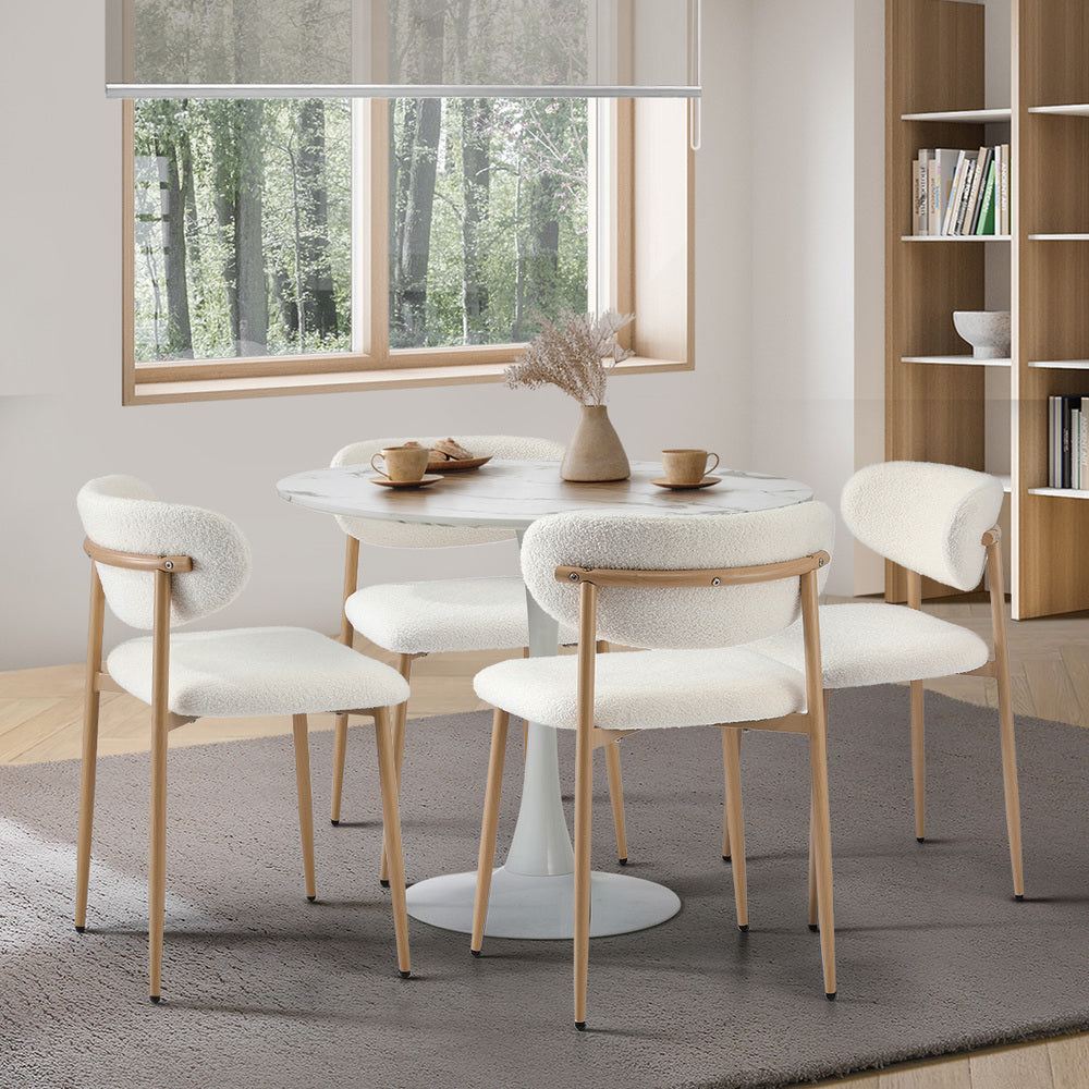 Oikiture 90cm Round Dining Table with 4x Dining Chairs Boucle White&Gold