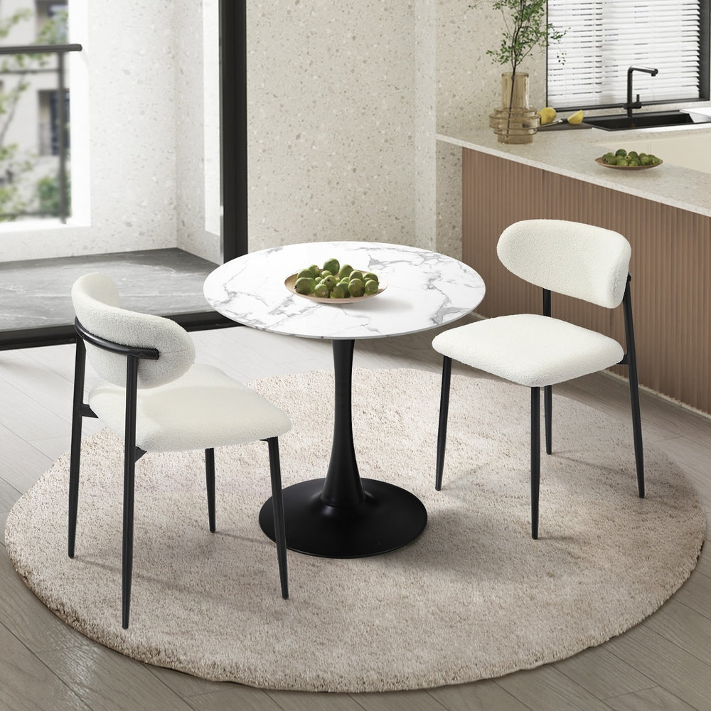 Oikiture 60cm Round Dining Table with 2x Dining Chairs Boucle White&Black