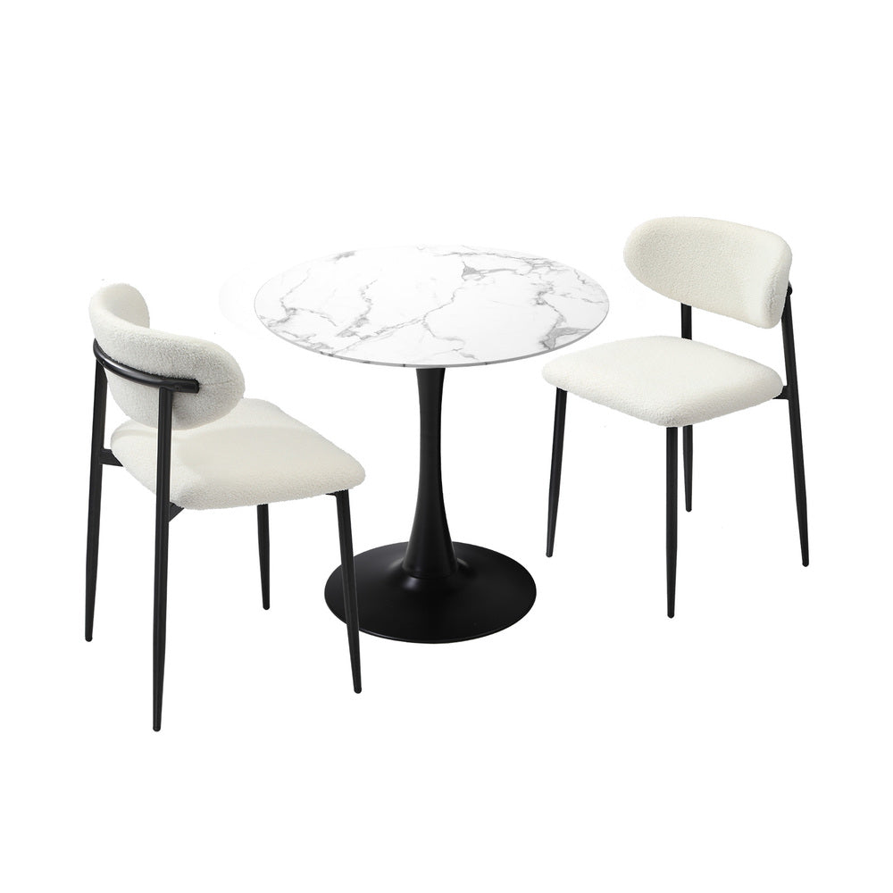 Oikiture 60cm Round Dining Table with 2x Dining Chairs Boucle White&Black