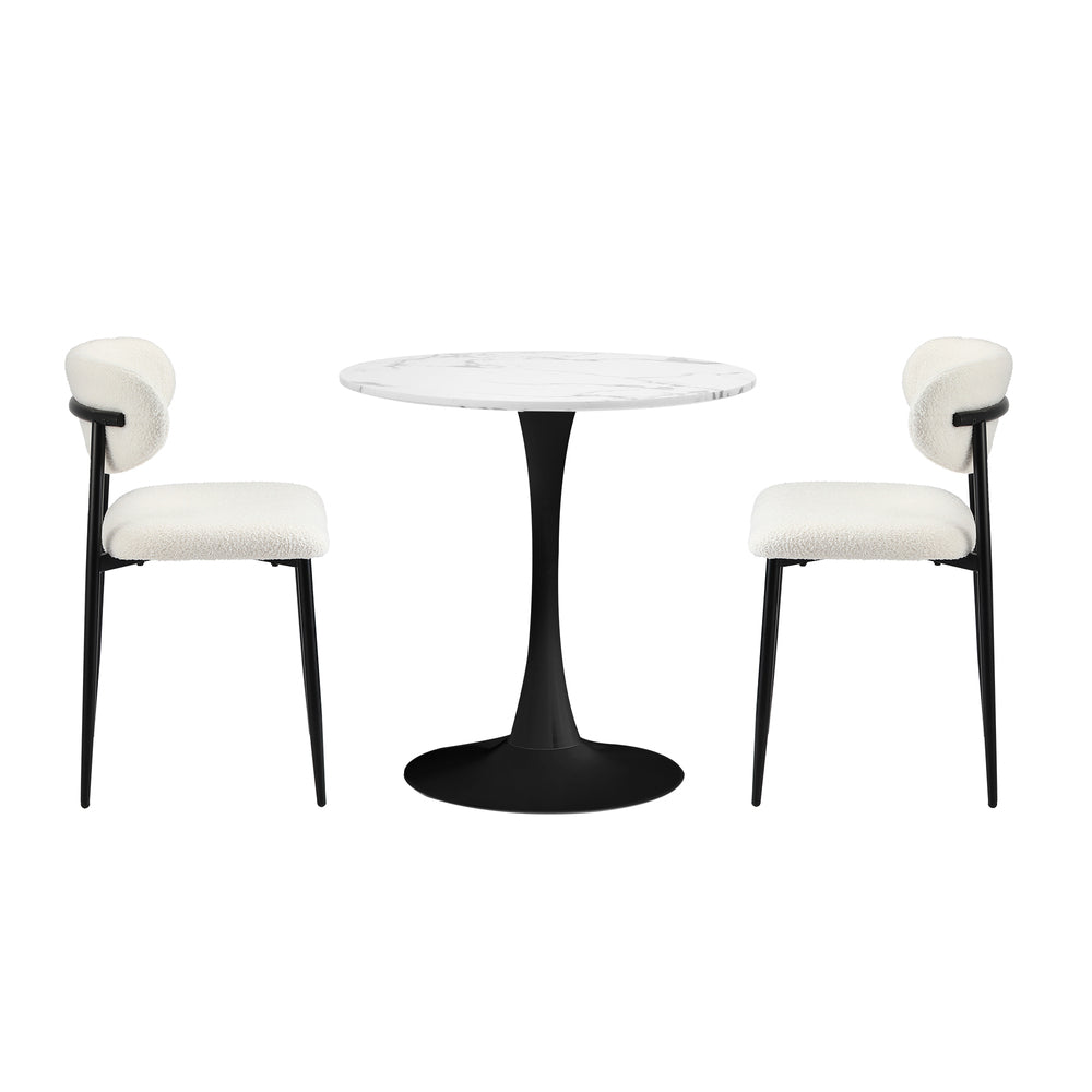 Oikiture 60cm Round Dining Table with 2x Dining Chairs Boucle White&Black