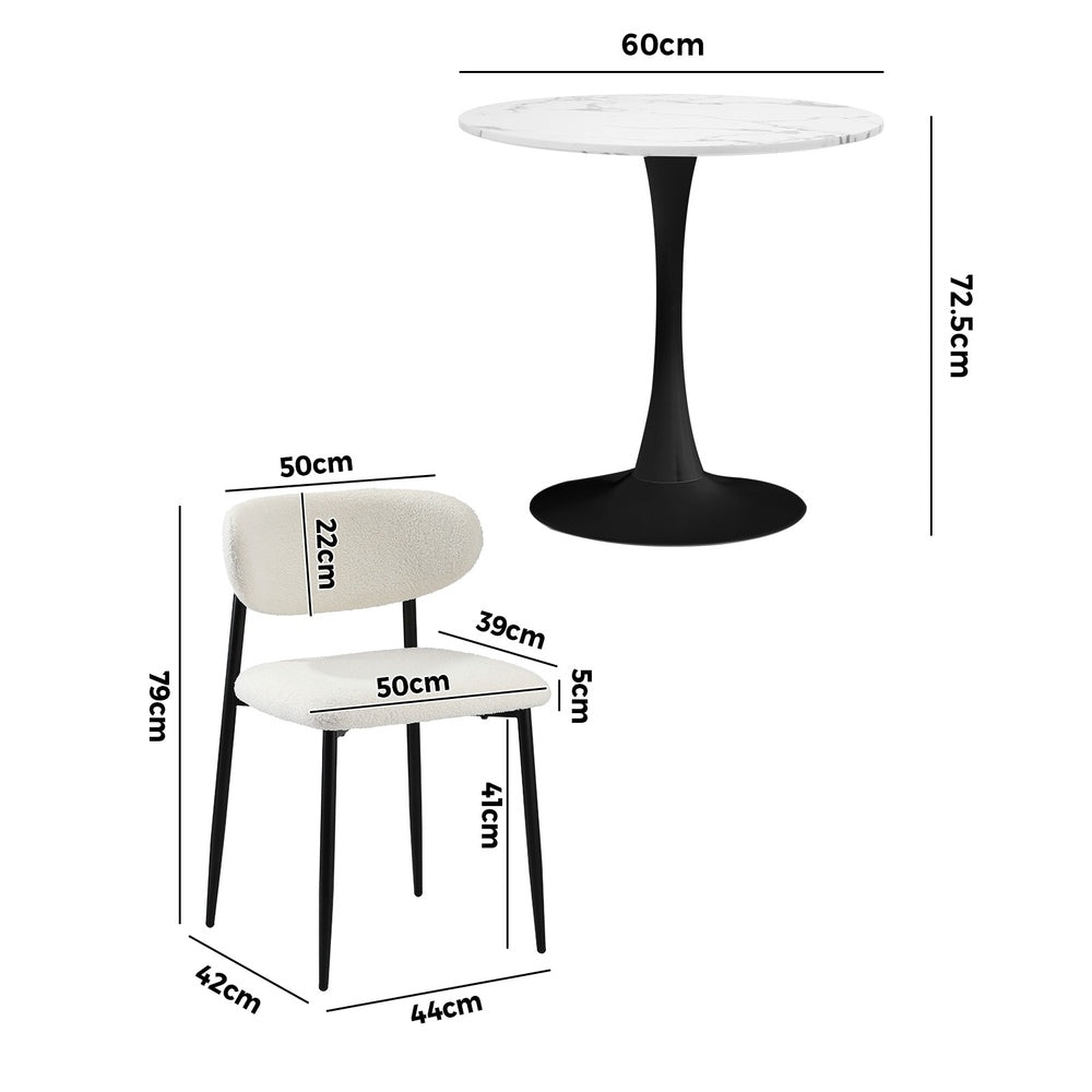 Oikiture 60cm Round Dining Table with 2x Dining Chairs Boucle White&Black