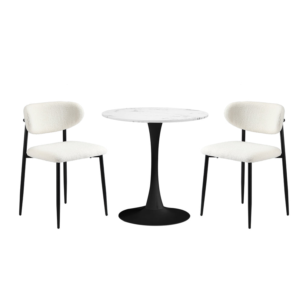 Oikiture 60cm Round Dining Table with 2x Dining Chairs Boucle White&Black